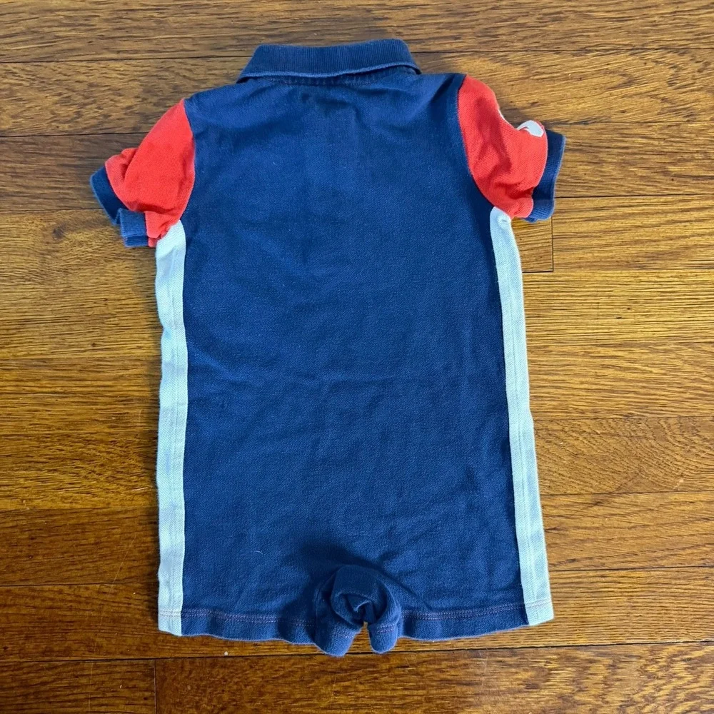 Ralph Lauren Baby 12M Colorblock Piqué Cotton Collared Romper Emb Logo SS